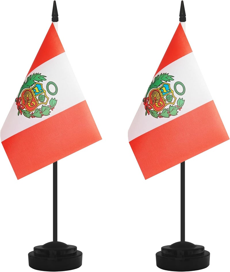 Yamiuo 2 Pack Peru Desk Flag Set, Peruvian Desktop Small Miniature Table Office Flag with 12" Black Pole and Black Base, Offices, Classroom, Home, Festival Decoration (Peru) - Image 1